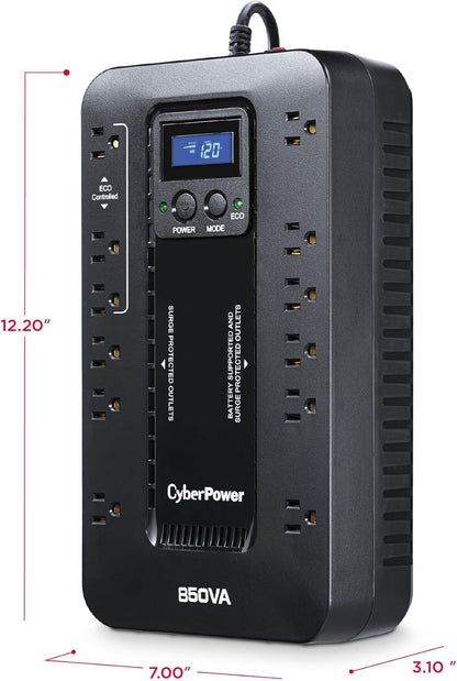 Cyberpower EC850LCD Ecologic UPS Battery Backup and Surge Protector, 850VA/510W, 12 Outlets, ECO Mode, Compact, UL Certified