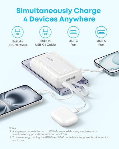 Anker Zolo Power Bank (2025 Upgraded Version), 45W Max Fast Charging, 20,000Mah Battery Pack, Dual Built-In USB-C Cables, USB-C&A Port, for Iphone 17/16 Series, Galaxy, Macbook, and More