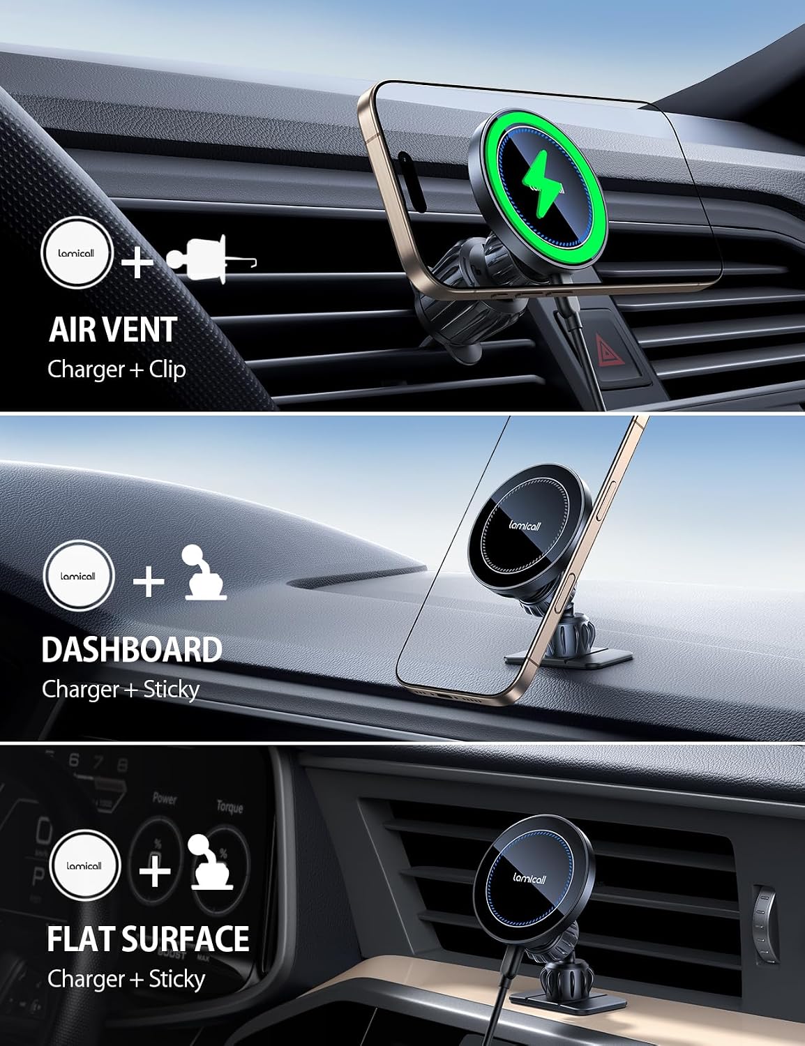 15W for Magsafe Car Mount Charger Vent Dashboard 360° for Iphone | 20X Strong Magnets Wireless Car Phone Holder Charger Phone Holder Accessories for Women Men for Iphone 17 16 15 Pro Max Black