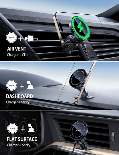 15W for Magsafe Car Mount Charger Vent Dashboard 360° for Iphone | 20X Strong Magnets Wireless Car Phone Holder Charger Phone Holder Accessories for Women Men for Iphone 17 16 15 Pro Max Black