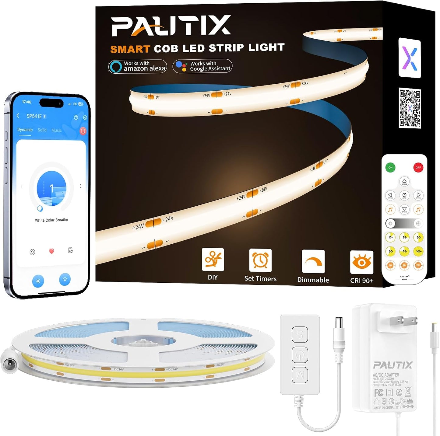 COB LED Strip Nautral White,4000K Dimmable LED Tape Light,Cri93+ Super Bright High Lumen,Compatible with Alexa/Google Assistant,Flexible Strip Ligths for Bedroom,Kitchen,Office,Under Cabinet