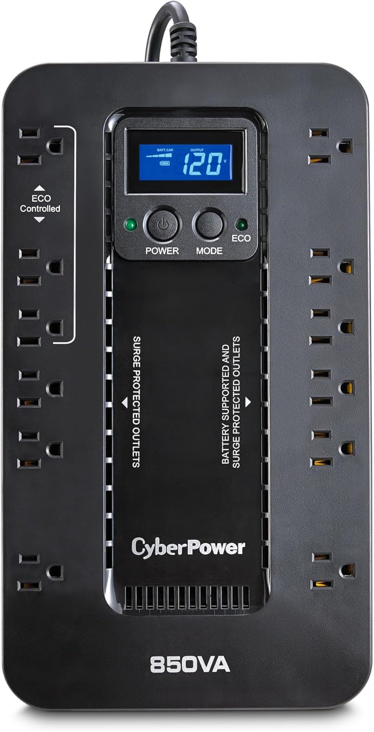 Cyberpower EC850LCD Ecologic UPS Battery Backup and Surge Protector, 850VA/510W, 12 Outlets, ECO Mode, Compact, UL Certified