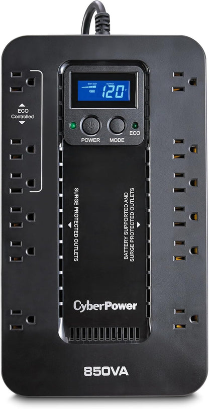Cyberpower EC850LCD Ecologic UPS Battery Backup and Surge Protector, 850VA/510W, 12 Outlets, ECO Mode, Compact, UL Certified