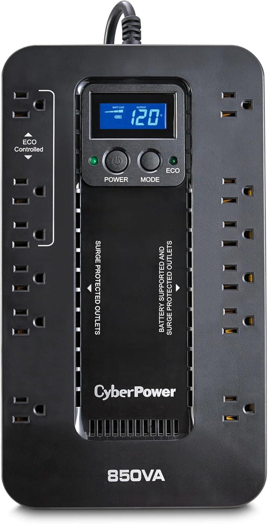 Cyberpower EC850LCD Ecologic UPS Battery Backup and Surge Protector, 850VA/510W, 12 Outlets, ECO Mode, Compact, UL Certified