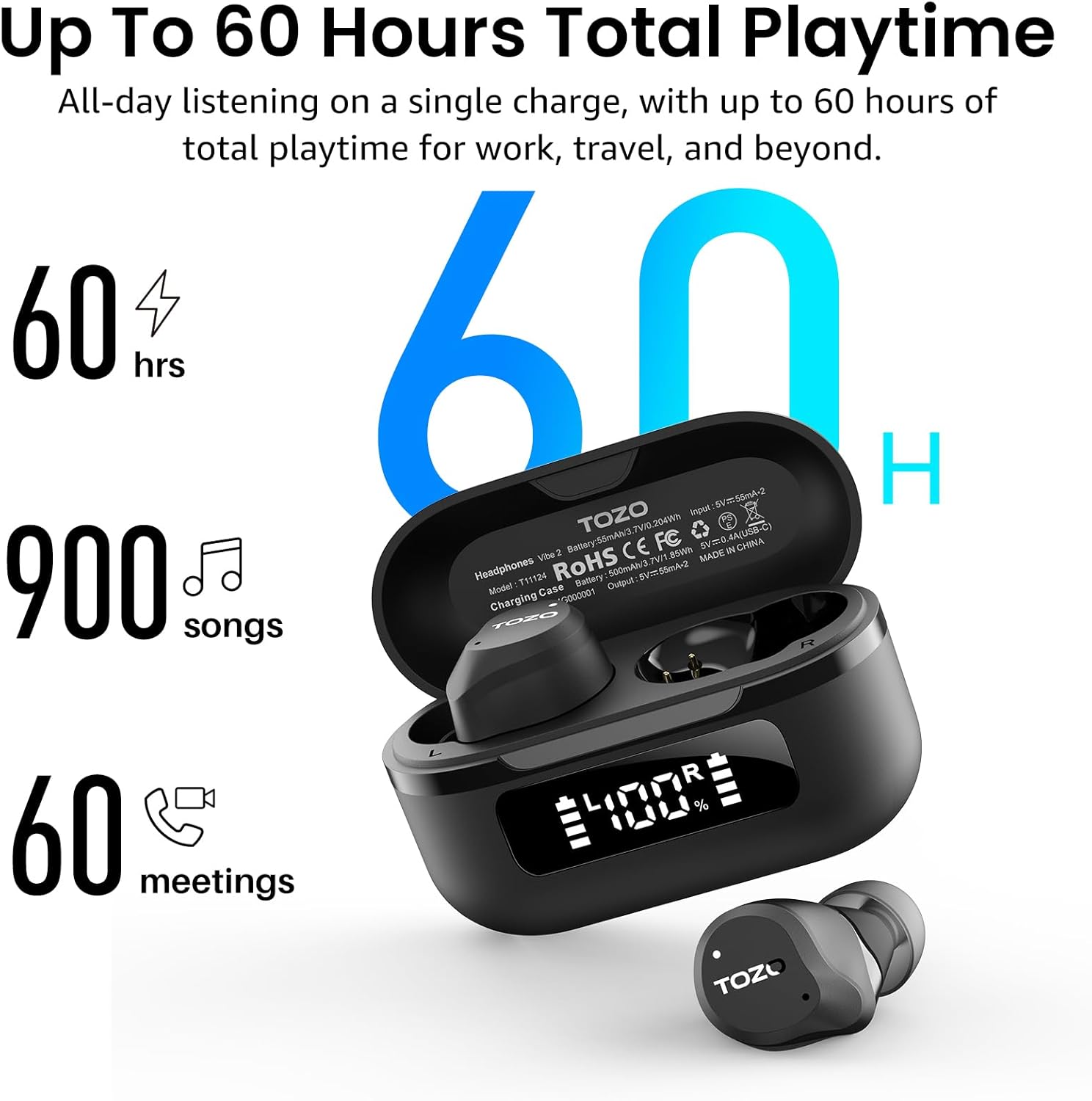 NC9 Hybrid Active Noise Cancelling Wireless Earbuds, 60H, LED Display | 6 Mic ENC Clear Calls, Deep Bass Sound, IPX8, in Ear Bluetooth 5.3 Headphones,32 Eqs via APP, Comfort Fit Ear Buds, Black