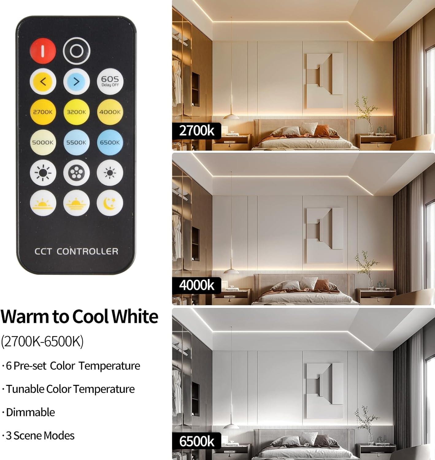 CCT COB LED Strip Lights, Tunable White Dimmable 2700K-6500K, 24V LED Tape Light Kit 16.4Ft/5M,8Mm Wide,High Density Cri90+With Ul-Listed Adapter,For Bedroom,Kitchen,Diy Lighting