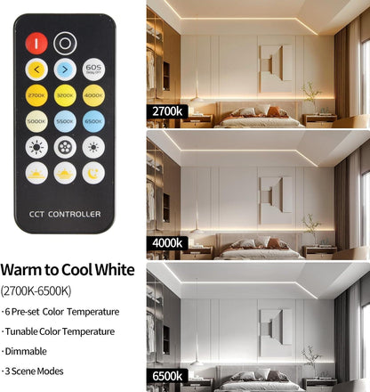 CCT COB LED Strip Lights, Tunable White Dimmable 2700K-6500K, 24V LED Tape Light Kit 16.4Ft/5M,8Mm Wide,High Density Cri90+With Ul-Listed Adapter,For Bedroom,Kitchen,Diy Lighting