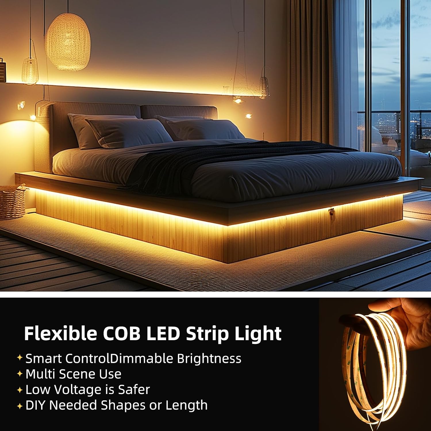 COB LED Strip Lights Warm White, 24V Dimmable Led Light Strip KIT, 3000K 9.84Ft/3M Ra>90 8Mm Wide Cuttable Flexible Strip Lights with Remote and UL Power Supply for Bedroom, Kitchen & DIY Decor