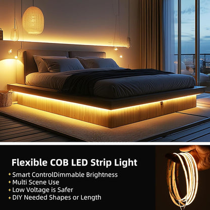 COB LED Strip Lights Warm White, 24V Dimmable Led Light Strip KIT, 3000K 9.84Ft/3M Ra>90 8Mm Wide Cuttable Flexible Strip Lights with Remote and UL Power Supply for Bedroom, Kitchen & DIY Decor
