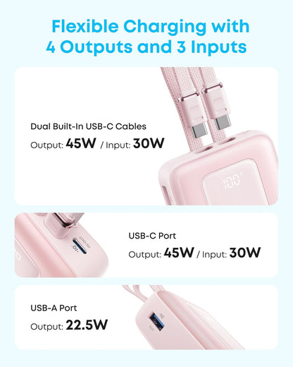 Anker Zolo Power Bank (2025 Upgraded Version), 45W Max Fast Charging, 20,000Mah Battery Pack, Dual Built-In USB-C Cables, USB-C&A Port, for Iphone 17/16 Series, Galaxy, Macbook, and More