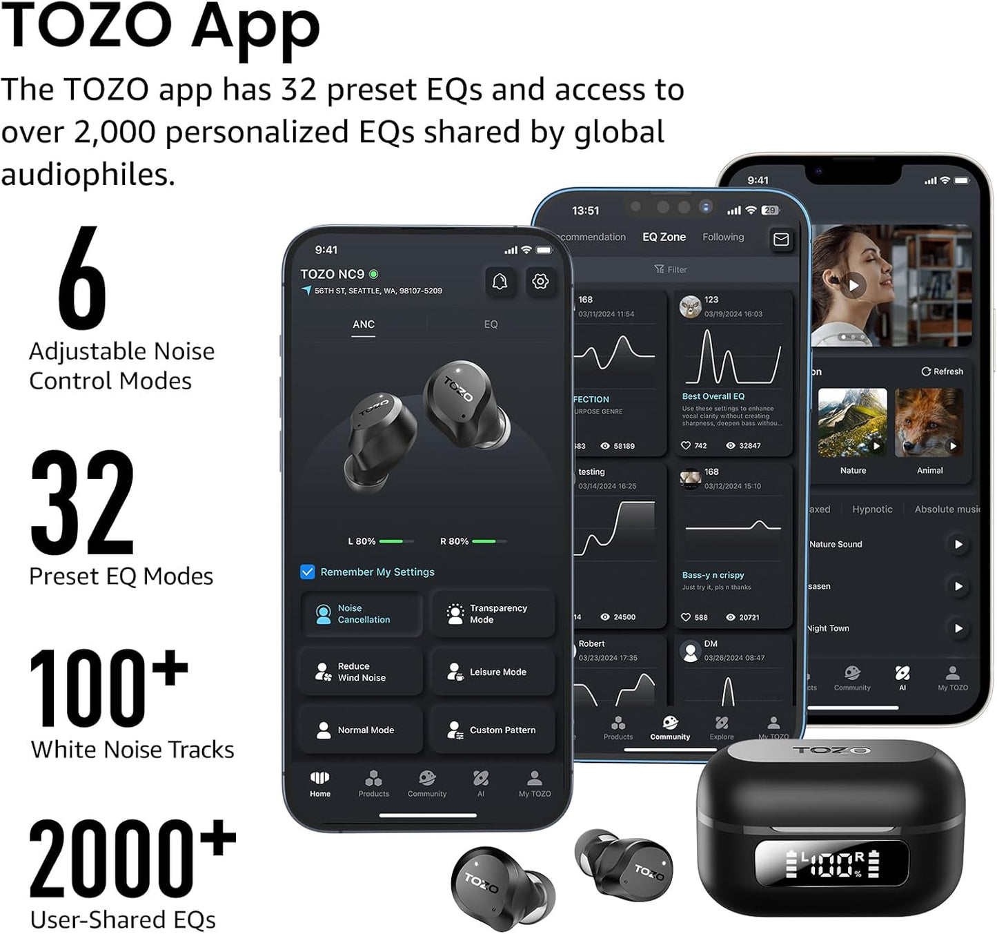 NC9 Hybrid Active Noise Cancelling Wireless Earbuds, 60H, LED Display | 6 Mic ENC Clear Calls, Deep Bass Sound, IPX8, in Ear Bluetooth 5.3 Headphones,32 Eqs via APP, Comfort Fit Ear Buds, Black