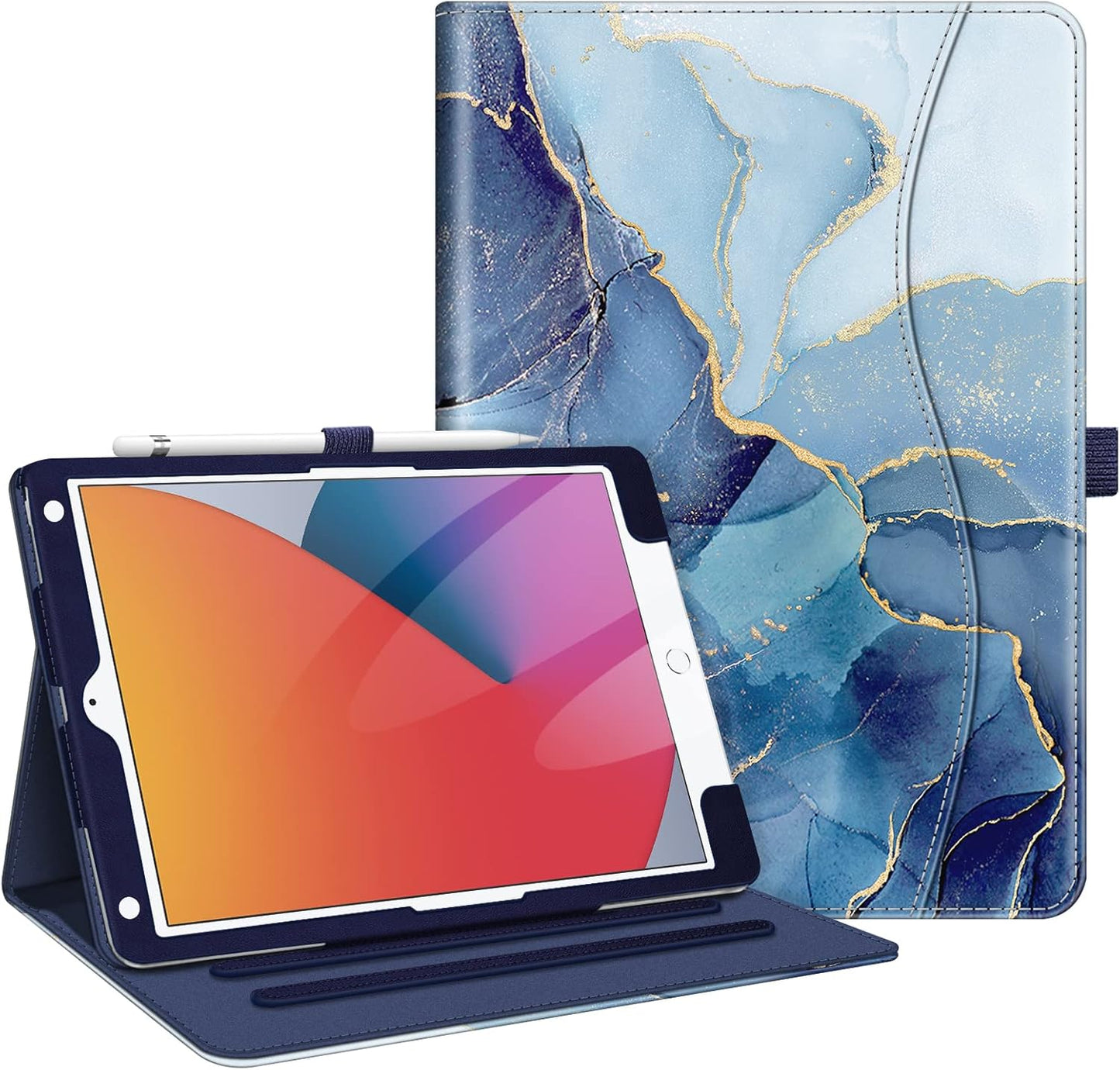 Stylish Ocean Marble iPad Case for 9th/8th/7th Gen - Multi-Angle Stand, Card Slots, and Auto Sleep/Wake Feature