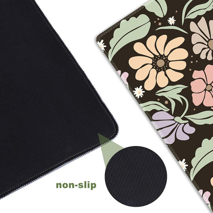 XXL Floral Gaming Mouse Pad - Non-Slip Black Desk Mat with Stitched Edges for Office, Home & School