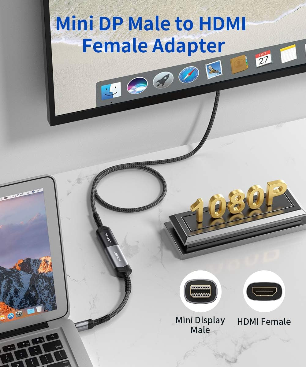 Mini Displayport to HDMI Adapter, Mini DP to HDMI Adapter Nylon Braided Aluminum Shell Compatible with Macbook Air/Pro, Microsoft Surface Pro/Dock, Monitor, Projector and More-Gray