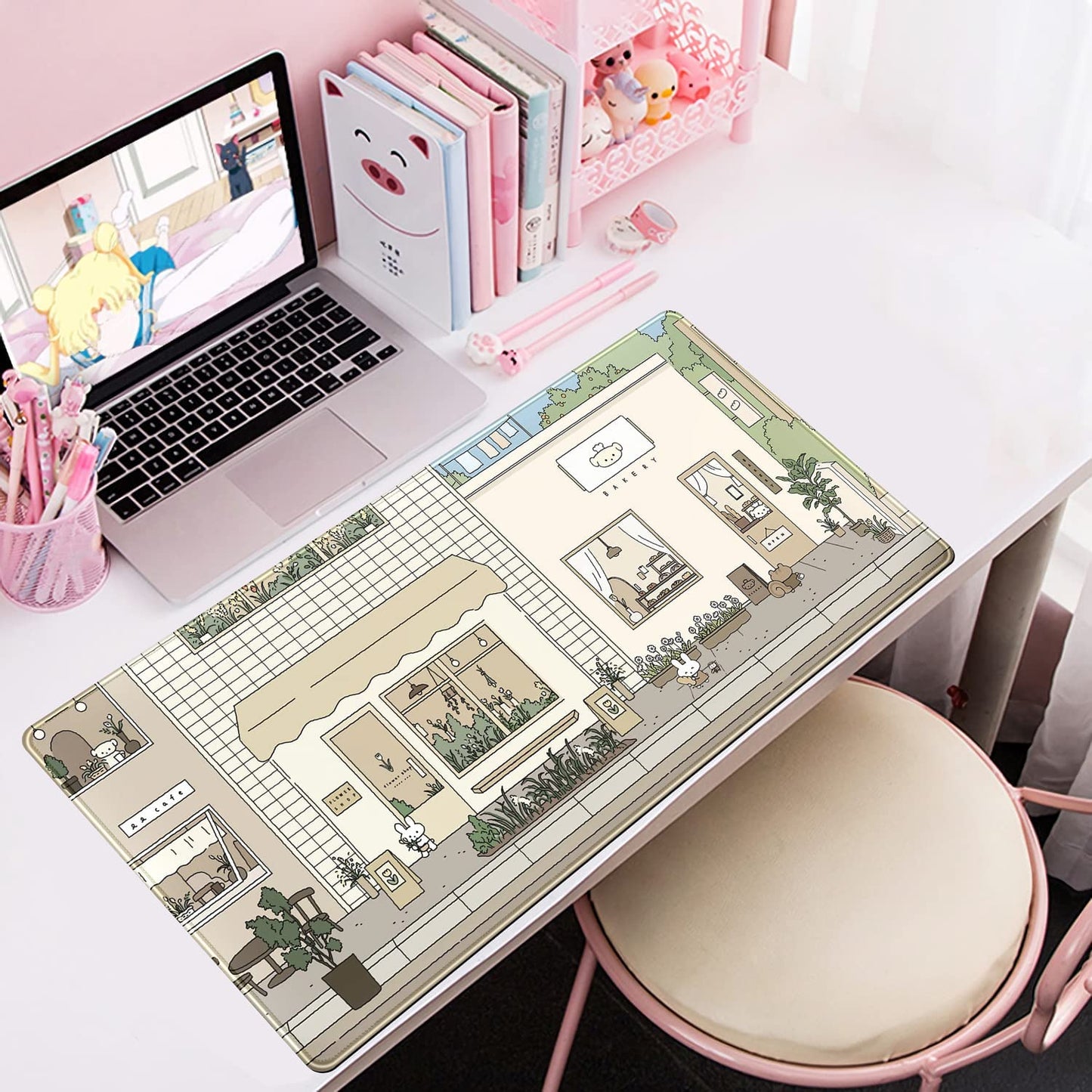 Adorable Kawaii Bunny & Bear Extra Large Desk Mat - Pastel Beige, Brown & Green Anime Mousepad for a Cute Workspace