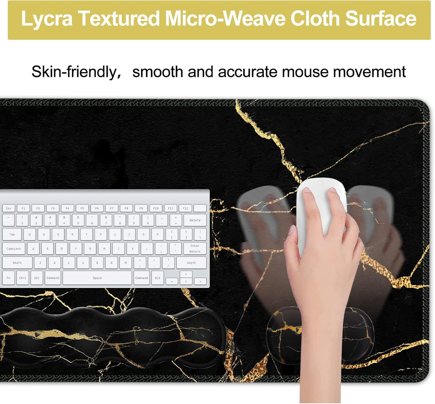 Large Gaming Mouse Pad Set with Wrist Support & Coaster - Stylish Black Gold Marble Desk Mat for Pain Relief & Comfort in Home Office - 35.4x15.7 inches