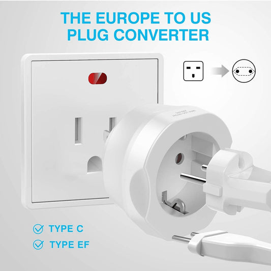 European to US Plug Adapter - Travel Converter for EU Type C & E/F Plugs to USA - Ideal for Spain, France & More!