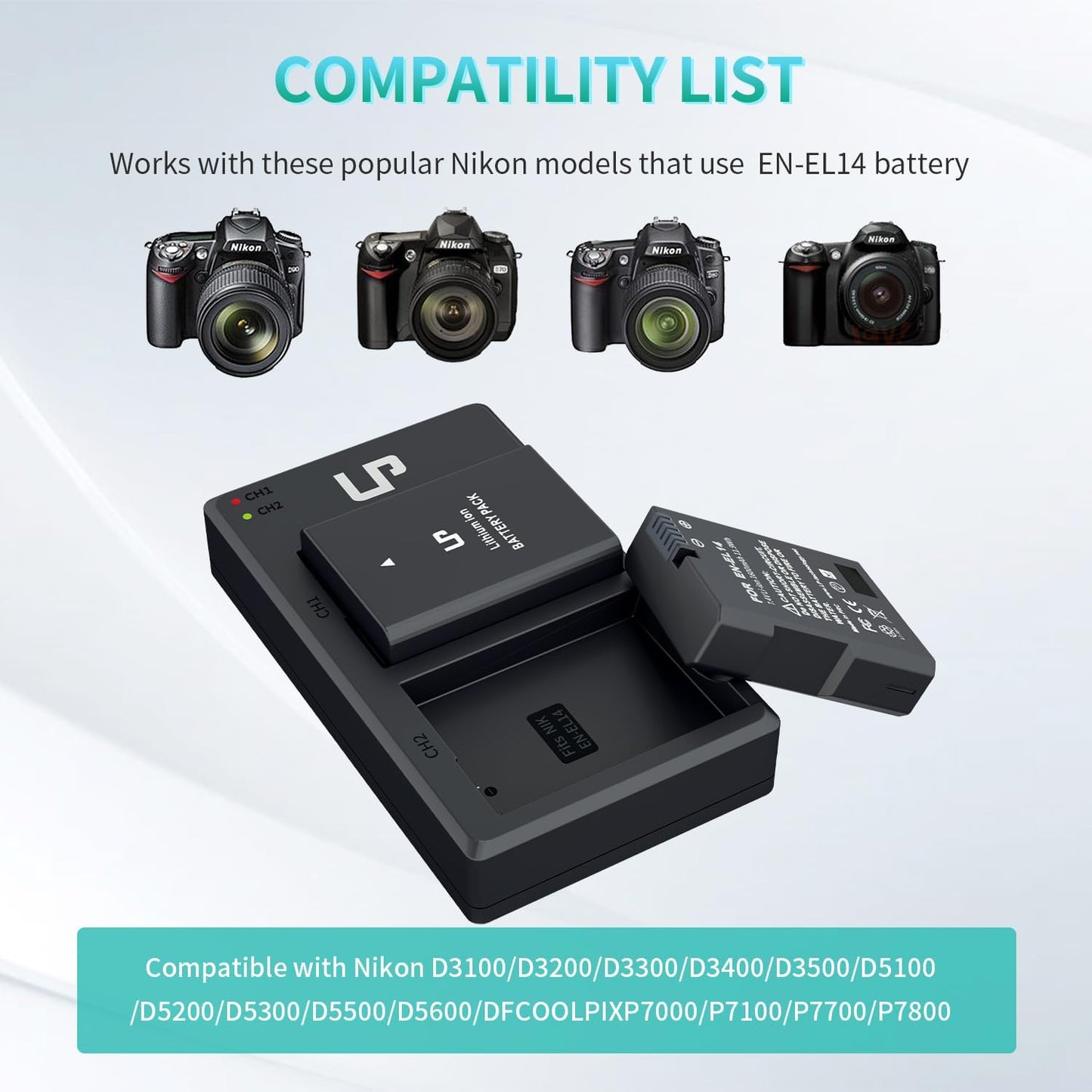 EN-EL14 Dual Slot Battery Charger Pack with 2 x 1600mAh Batteries - Compatible with Nikon D3100 D3200 D3300 D3400 D3500 D5100 D5200 D5300 D5500 D5600 DF P7000 P7100 P7700 P7800