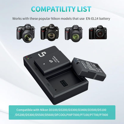 EN-EL14 Dual Slot Battery Charger Pack with 2 x 1600mAh Batteries - Compatible with Nikon D3100 D3200 D3300 D3400 D3500 D5100 D5200 D5300 D5500 D5600 DF P7000 P7100 P7700 P7800
