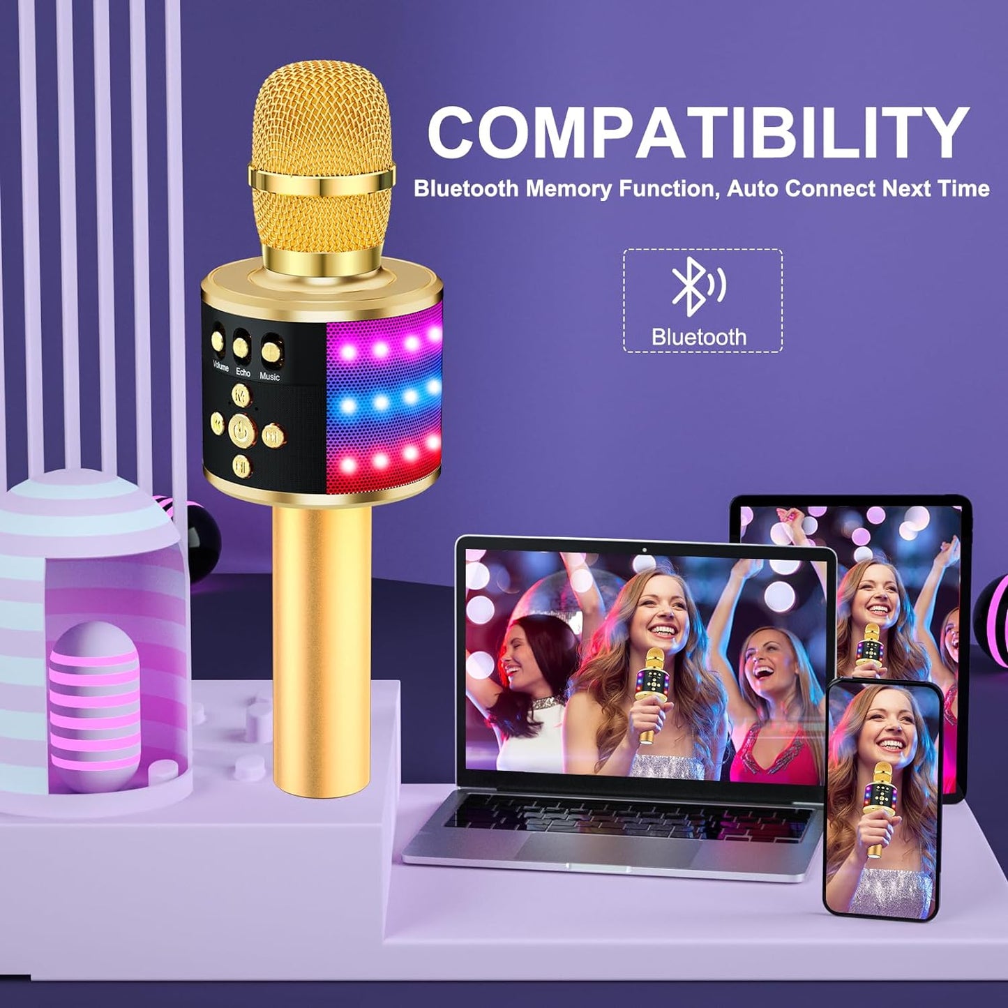Bluetooth Karaoke Microphone with Disco Lights - Portable Singing Mic for Kids & Adults, Perfect for Parties and Travel (Gold)
