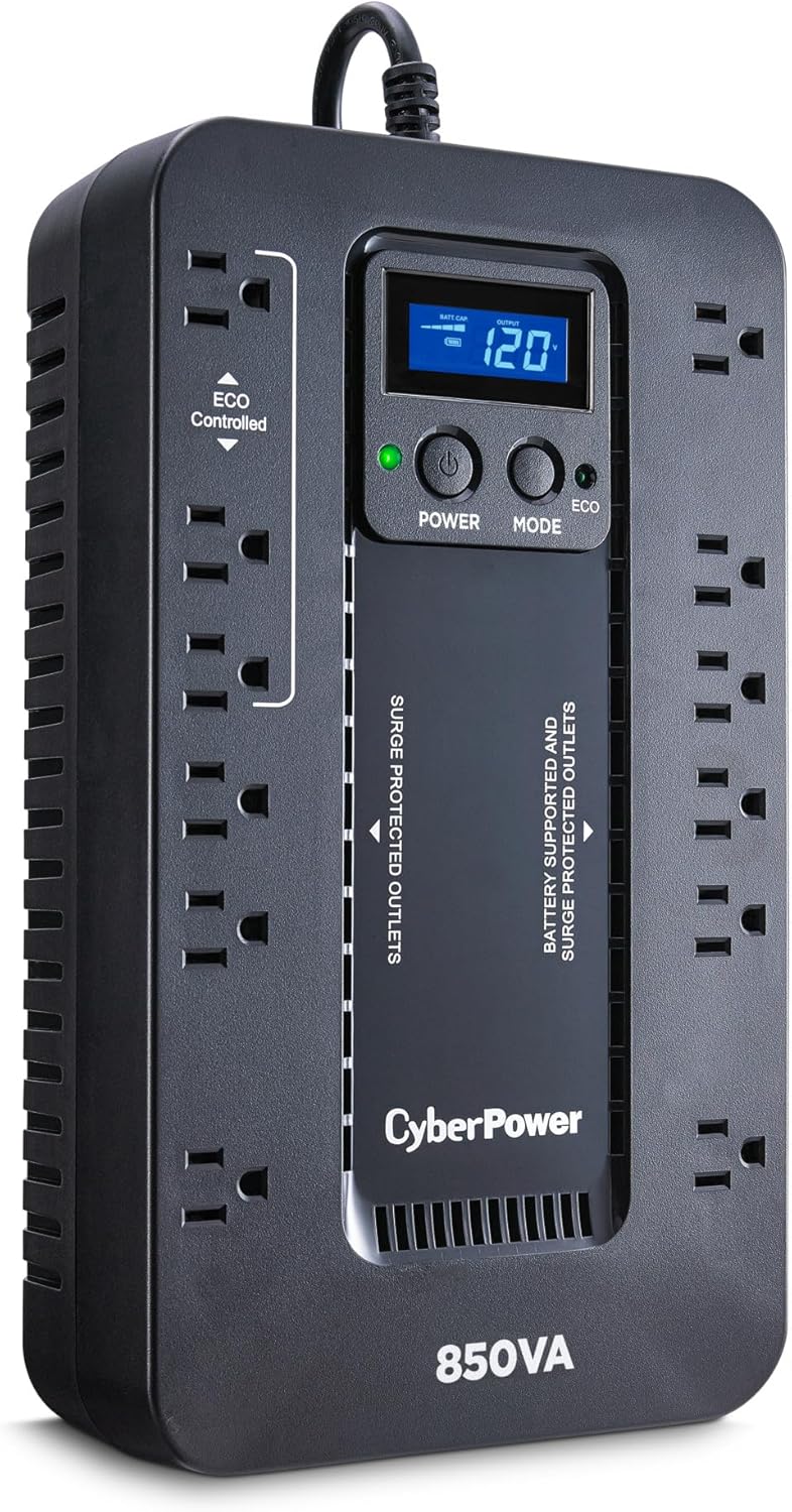 Cyberpower EC850LCD Ecologic UPS Battery Backup and Surge Protector, 850VA/510W, 12 Outlets, ECO Mode, Compact, UL Certified