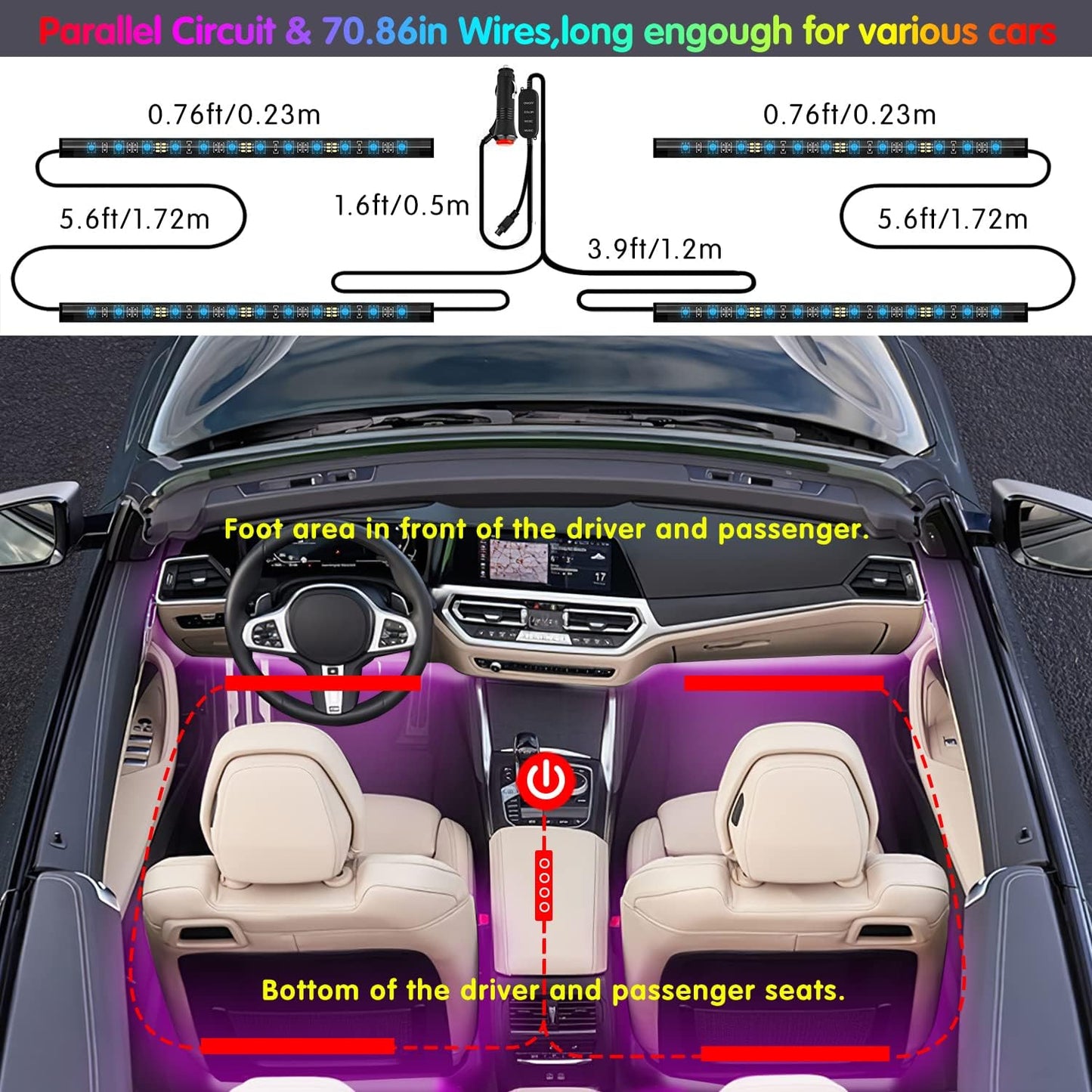 Interior Car Lights  Car Accessories APP Control with Remote Music Sync Color Change RGB under Dash Lighting with Charger 12V LED Lights Running Board Lights