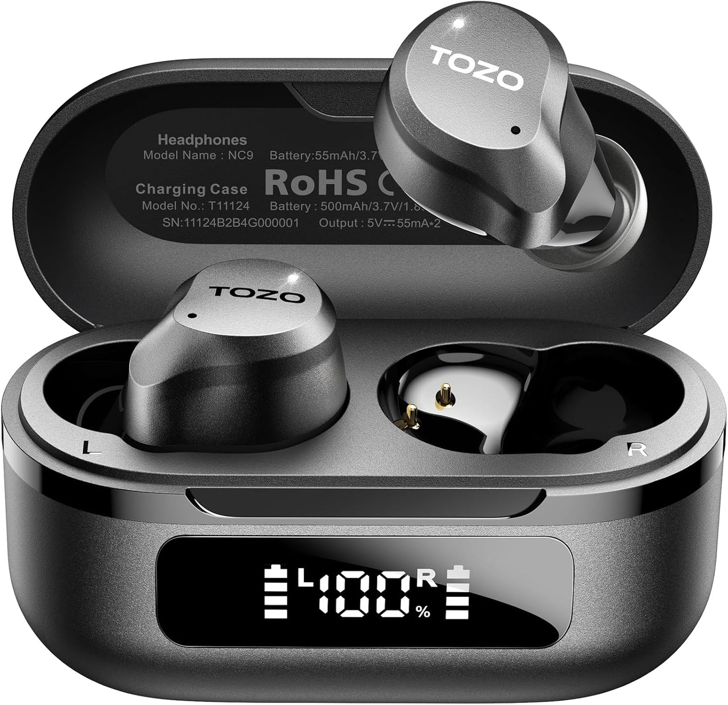 NC9 Hybrid Active Noise Cancelling Wireless Earbuds, 60H, LED Display | 6 Mic ENC Clear Calls, Deep Bass Sound, IPX8, in Ear Bluetooth 5.3 Headphones,32 Eqs via APP, Comfort Fit Ear Buds, Black