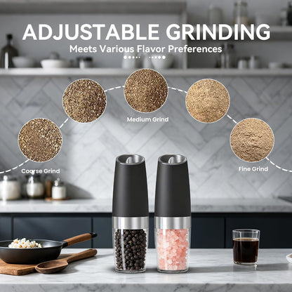 Battery Operated Gravity Electric Salt and Pepper Grinder Set, Automatic Salt and Pepper Grinder Set, Adjustable Roughness,12 Batteries Required, LED Light, 2 Pack, (Black)