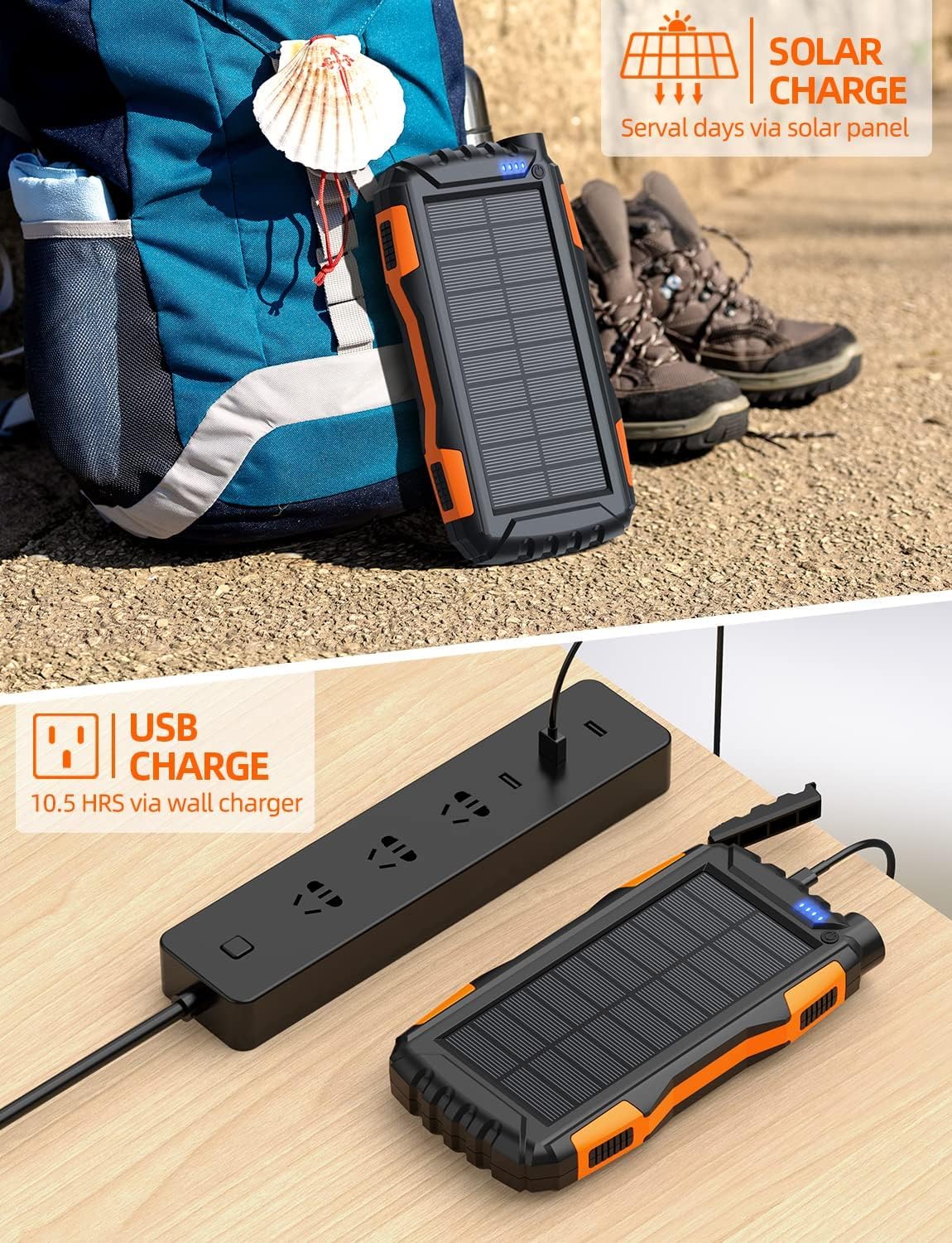 Solar Charger Power Bank 42800Mah, Portable Charger, Solar Power Bank,External Battery Pack 5V3.1A Qc 3.0 Fast Charger Built-In Super Bright Flashlight (Orange)