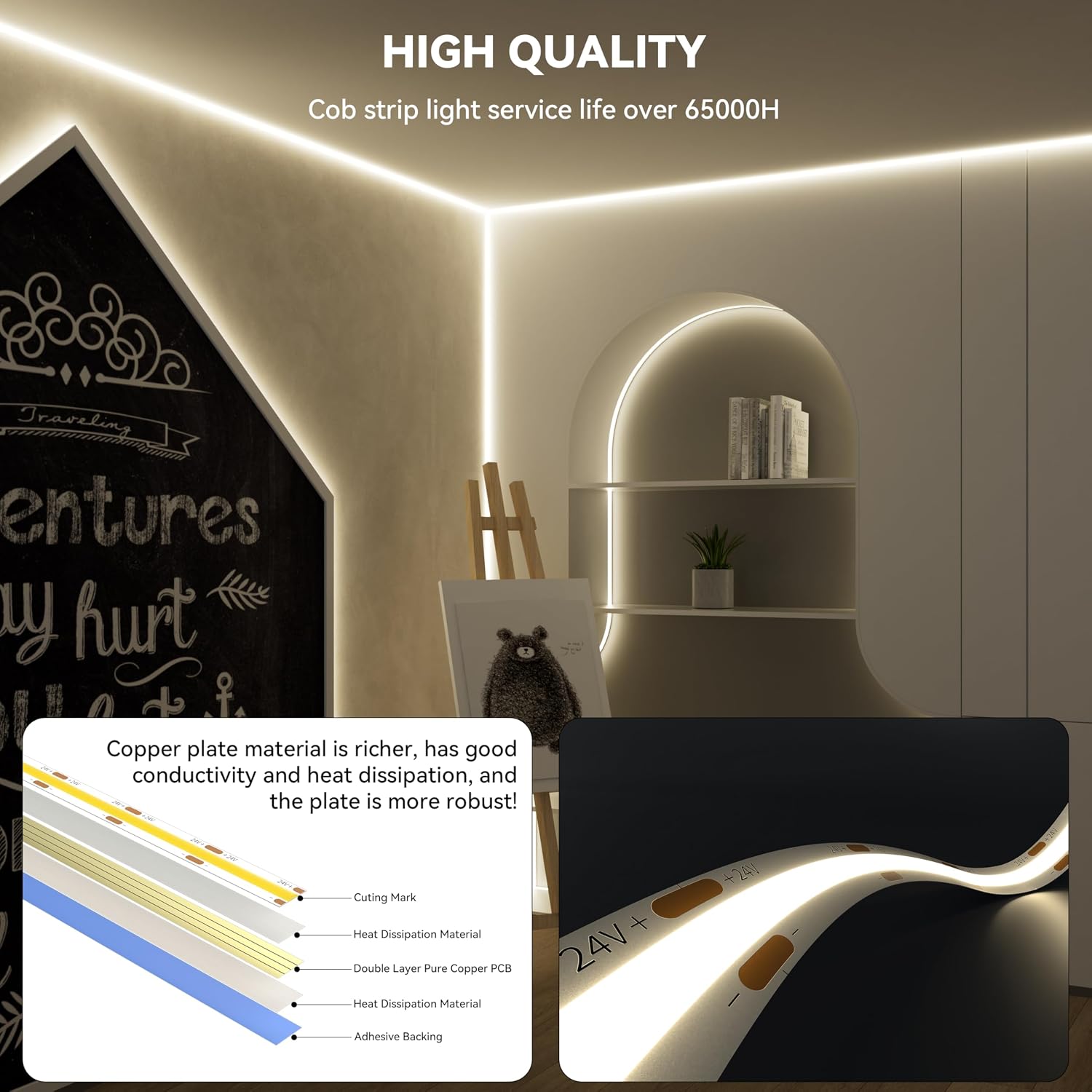 COB LED Strip Nautral White,4000K Dimmable LED Tape Light,Cri93+ Super Bright High Lumen,Compatible with Alexa/Google Assistant,Flexible Strip Ligths for Bedroom,Kitchen,Office,Under Cabinet