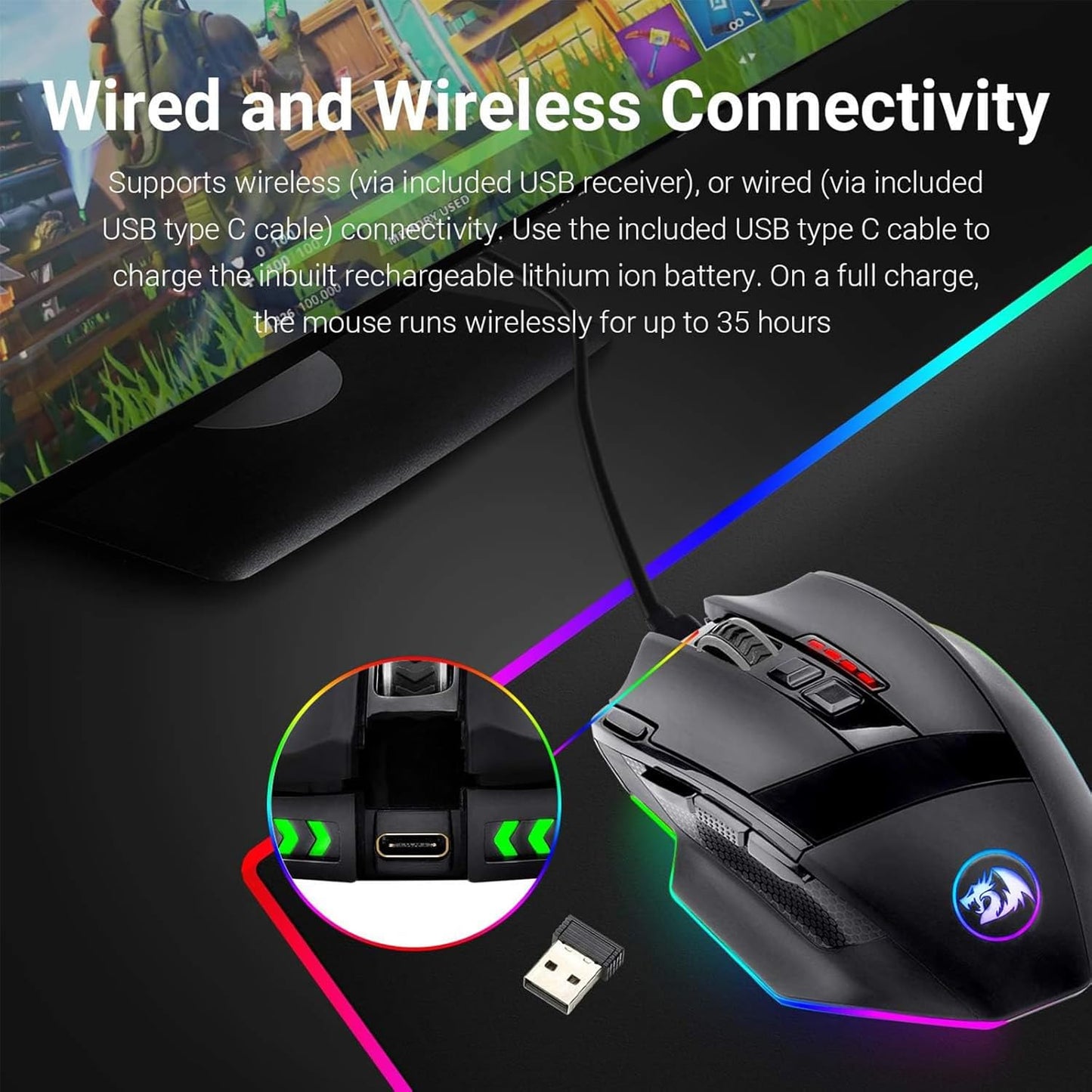 M801 Wireless RGB Gaming Mouse - 9 Programmable Macro Buttons, 16000 DPI, Rapid Fire for Ultimate Gaming Performance - Compatible with Windows and PC, Sleek Black Design
