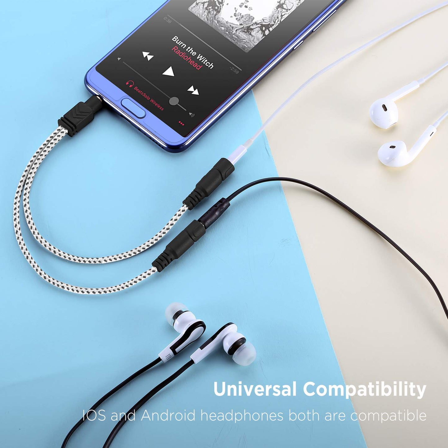Zebra White 3.5mm Audio Splitter - Knitted TRS Headphone Splitter for Earphones & Speakers