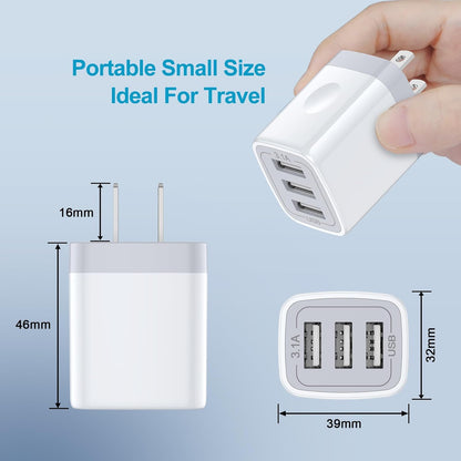 2-Pack 3-Port USB Wall Charger - Fast 3.1A Power Adapter for iPhone, iPad & Samsung Galaxy