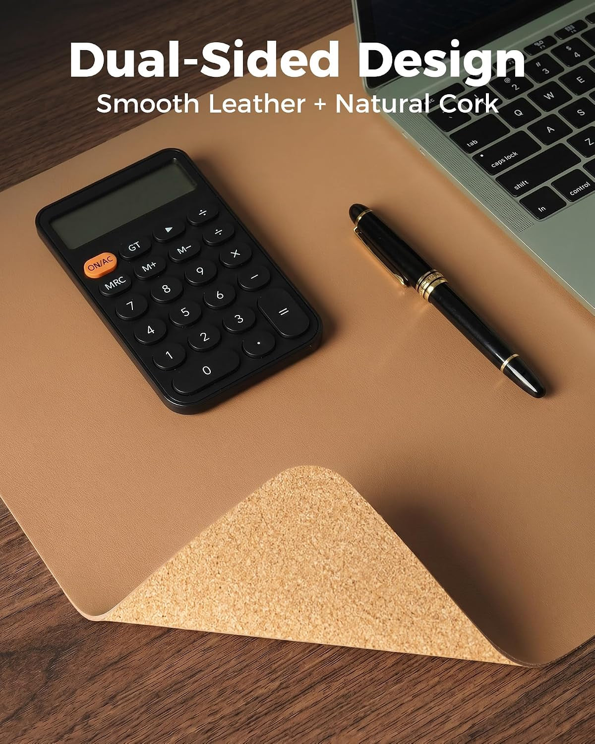 Dual-Sided Leather and Cork Desk Pad - Large Waterproof Mouse Pad and Writing Mat for Home/Office - Apricot (25.6" x 13.7")