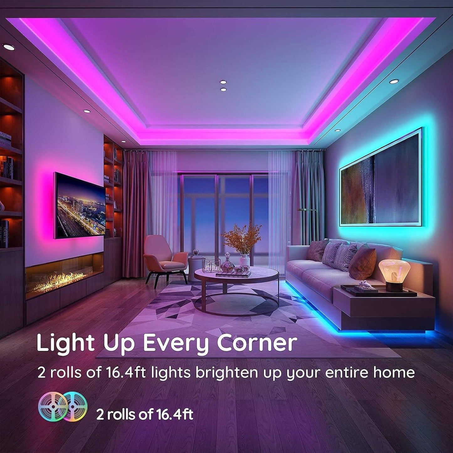 LED Strip Lights Bluetooth, 32.8Ft Music Sync LED Lights with App Phone, Remote, Control Box, RGB Color Changing Lights with 64 Scenes Modes, DIY for Room, Bedroom, Kitchen, TV, Office, Party