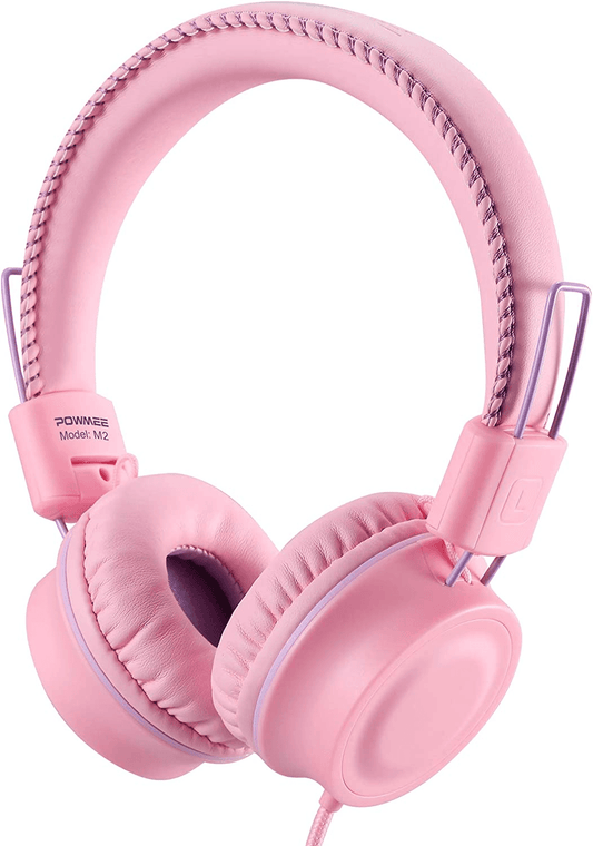 POWMEE M2 Foldable Kids Headphones | Adjustable On-Ear | 40mm Drivers | Pink