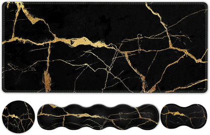Large Gaming Mouse Pad Set with Wrist Support & Coaster - Stylish Black Gold Marble Desk Mat for Pain Relief & Comfort in Home Office - 35.4x15.7 inches