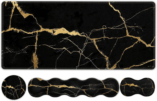 Large Gaming Mouse Pad Set with Wrist Support & Coaster - Stylish Black Gold Marble Desk Mat for Pain Relief & Comfort in Home Office - 35.4x15.7 inches