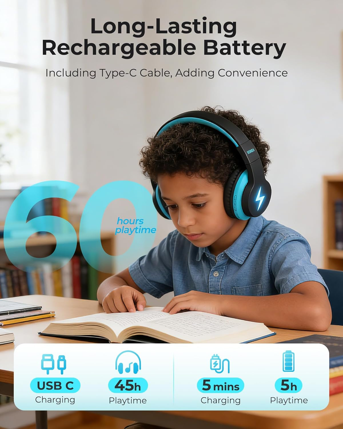 Children's Bluetooth Headphones - Wireless, Volume-Limited, 45 Hours Playtime, Built-In Microphone & Auxiliary Cord - Ideal for School - Black and Blue