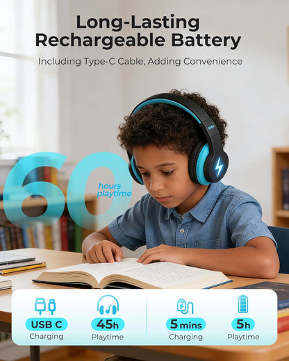 Children's Bluetooth Headphones - Wireless, Volume-Limited, 45 Hours Playtime, Built-In Microphone & Auxiliary Cord - Ideal for School - Black and Blue
