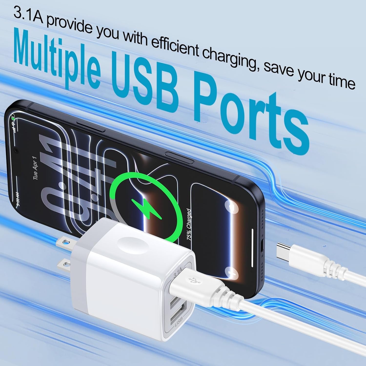 2-Pack 3-Port USB Wall Charger - Fast 3.1A Power Adapter for iPhone, iPad & Samsung Galaxy
