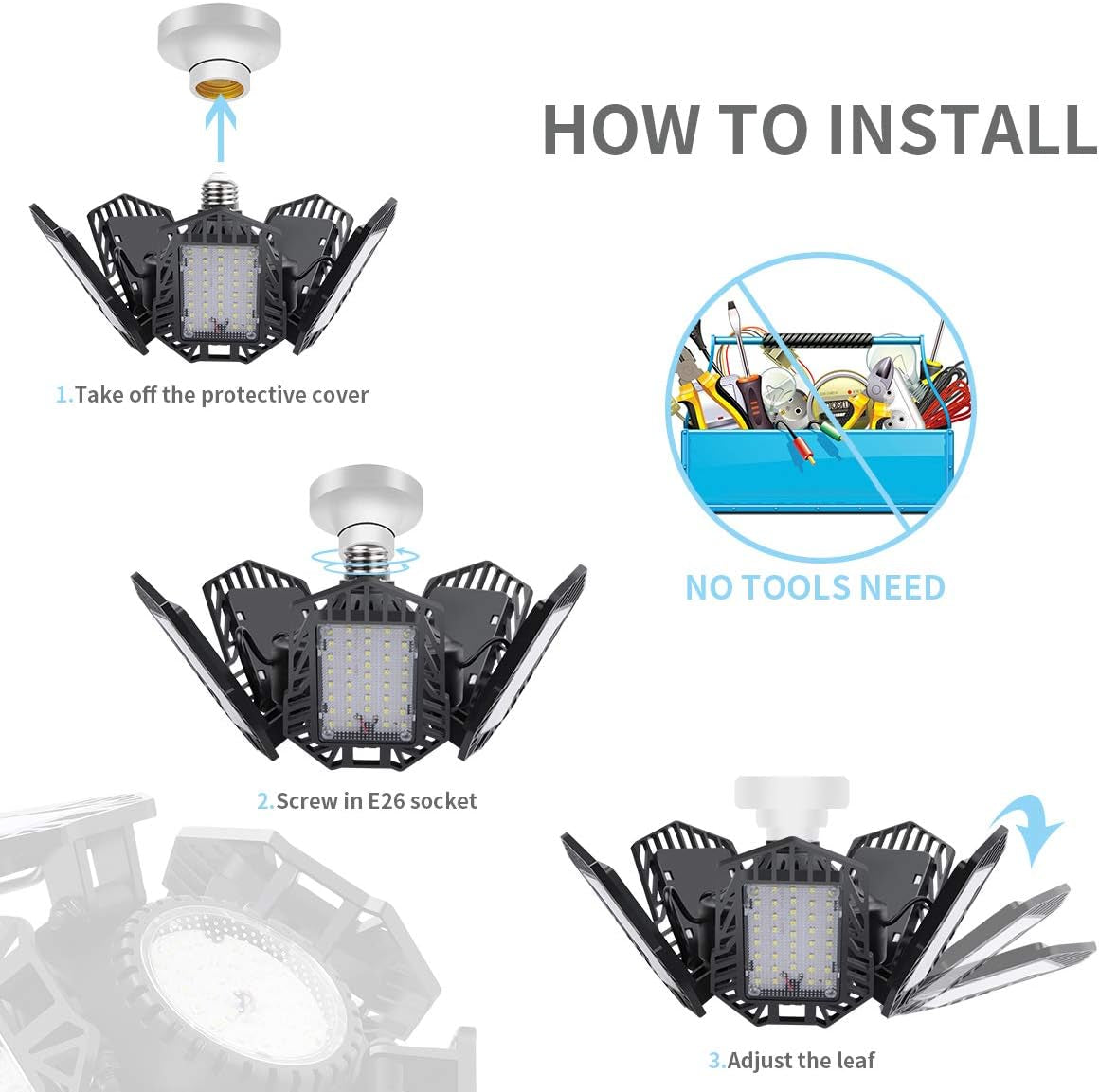 Led Ceiling Lights - Super Bright 6500K 150W, Adjustable Panels, Compatible with E26/E27 Sockets, Applicable for Workshop, Barn, Warehouse, Attic - 1 Pack
