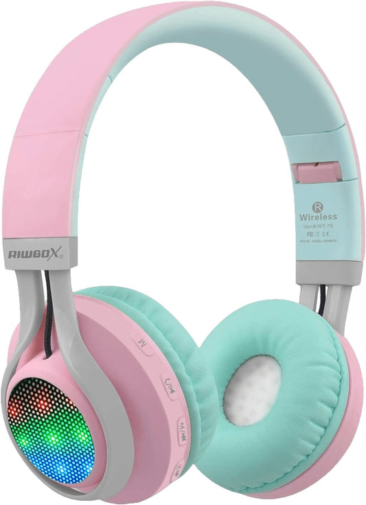 WT-7S Wireless Bluetooth Headphones with Microphone and Volume Control - Foldable Stereo Headset for PC, Tablet, TV, and Travel (Pink Green)