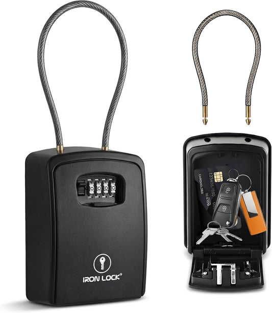 ® Portable Cable Shackle Key Lock Box with Code (XXL, Black) | Fits 20-30 Spares plus Car Fobs & Cards, Wraps onto Gates, Fences & Rails, Hooks & No-Drop Tray, Rust-Resistant