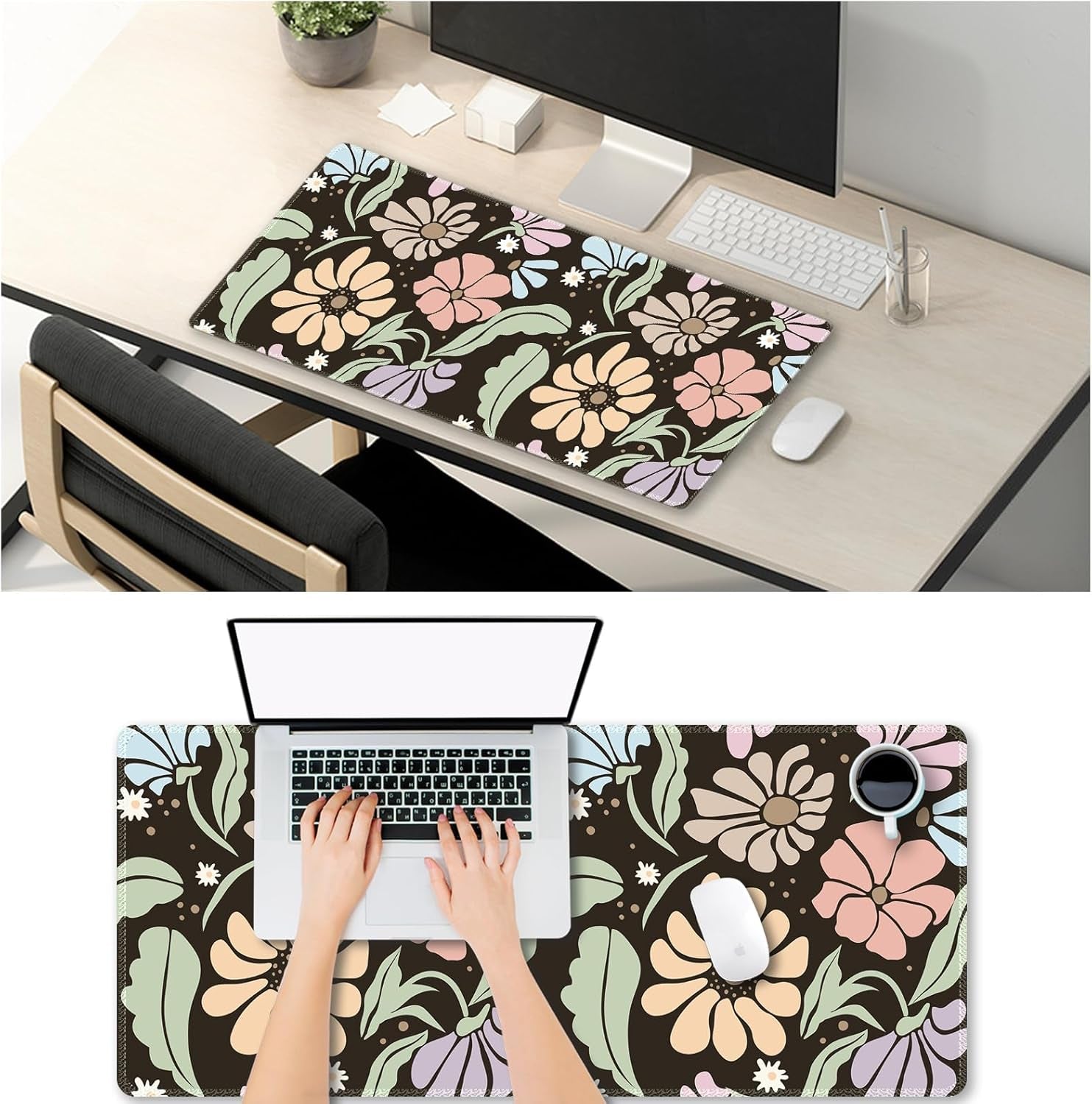 XXL Floral Gaming Mouse Pad - Non-Slip Black Desk Mat with Stitched Edges for Office, Home & School