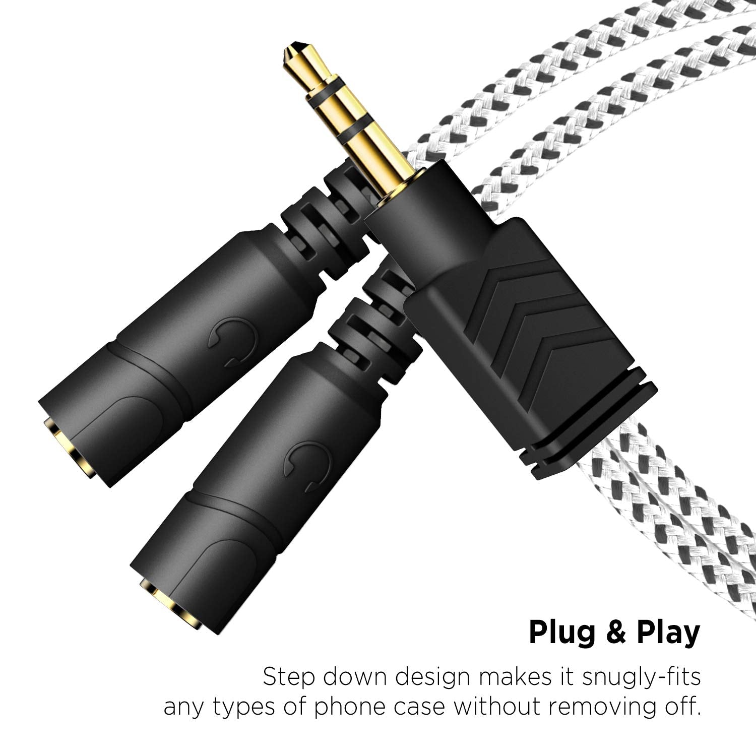 Zebra White 3.5mm Audio Splitter - Knitted TRS Headphone Splitter for Earphones & Speakers