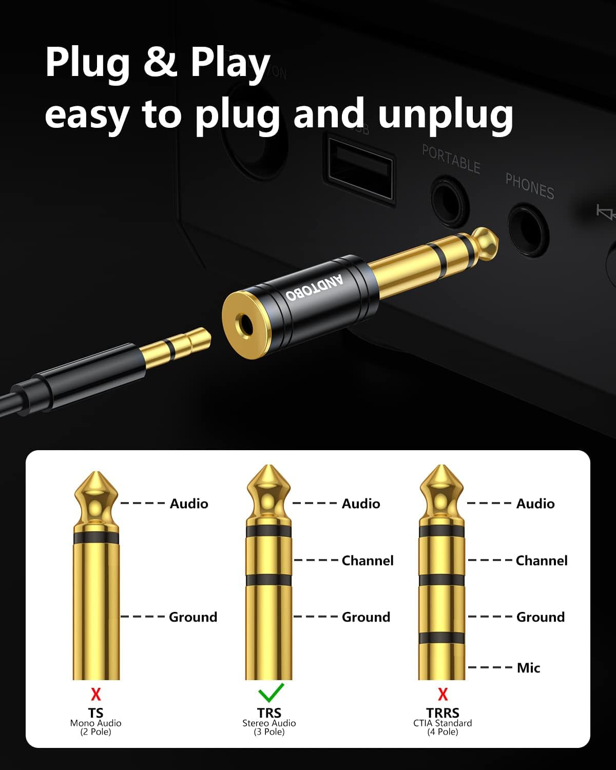 Premium 1/4 Inch Male to 3.5mm Female Stereo Audio Jack Adapter - Pure Copper, 2 Pack - Ideal for Headphones and Amplifiers