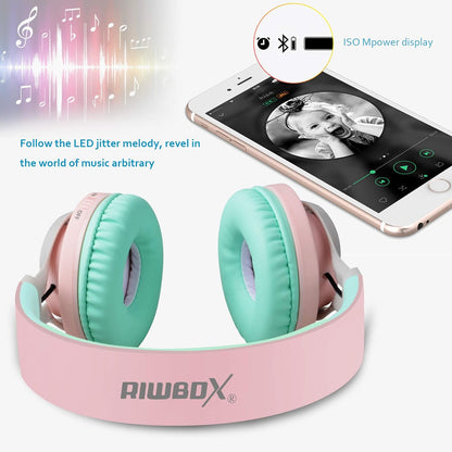 WT-7S Wireless Bluetooth Headphones with Microphone and Volume Control - Foldable Stereo Headset for PC, Tablet, TV, and Travel (Pink Green)
