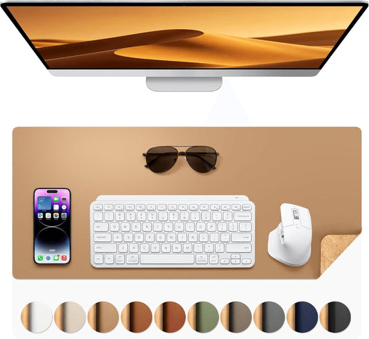 Dual-Sided Leather and Cork Desk Pad - Large Waterproof Writing Mat for Home and Office (25.6" x 13.7") - Stylish Apricot Color