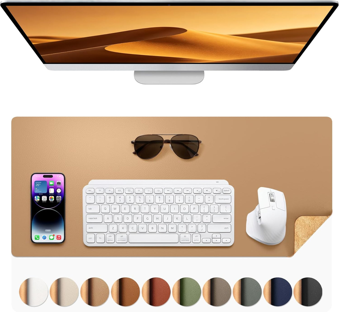 Dual-Sided Leather and Cork Desk Pad - Large Waterproof Mouse Pad and Writing Mat for Home/Office - Apricot (25.6" x 13.7")